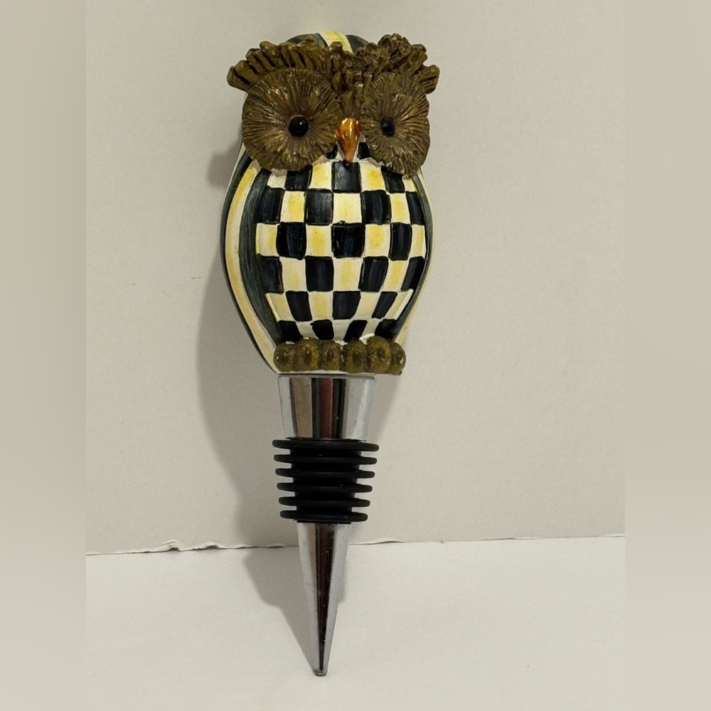 MacKenzie-Childs Courtly Check Owl Wine Bottle Stopper with Checkered Design